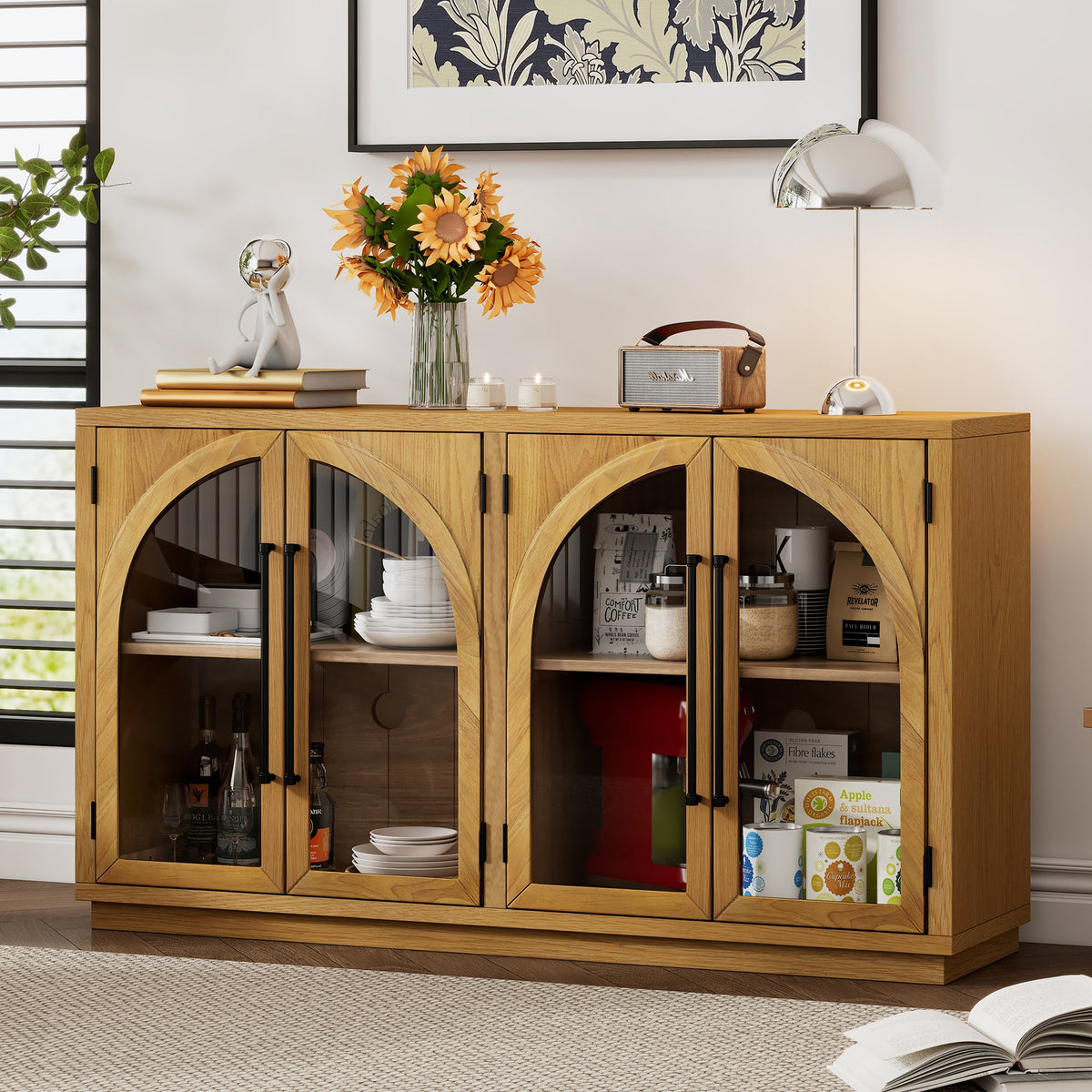 Large 4-Door Sideboard Buffet Cabinet with Glass Doors - TREXM