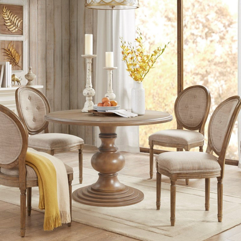 Walnut Round Pedestal Dining Table with Diamond Veneer Top