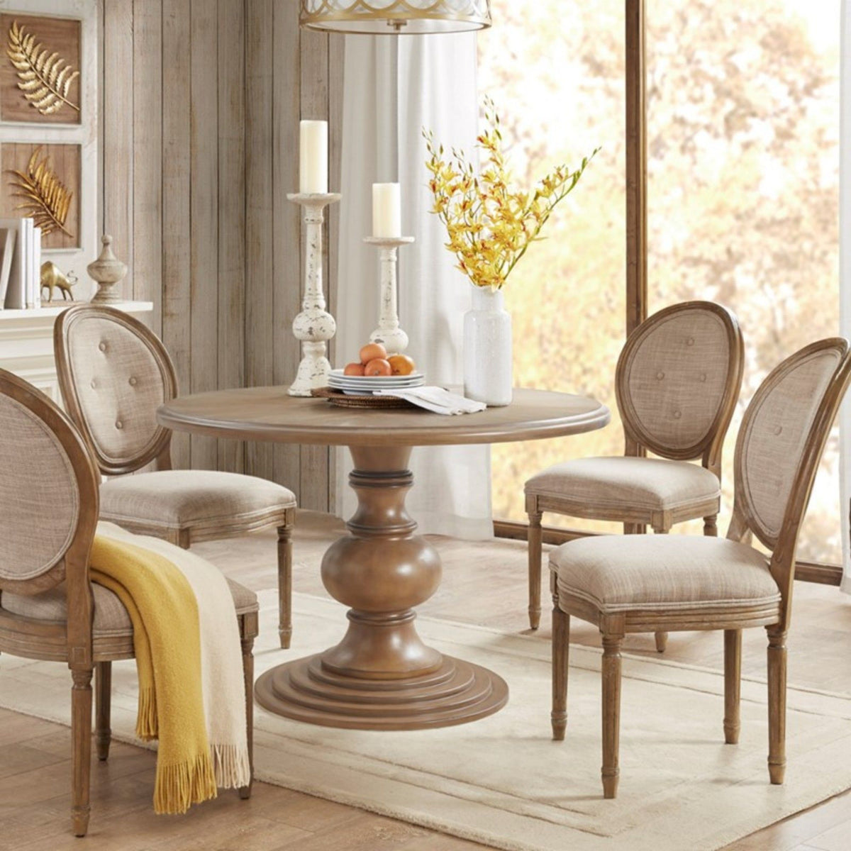 Walnut Round Pedestal Dining Table with Diamond Veneer Top