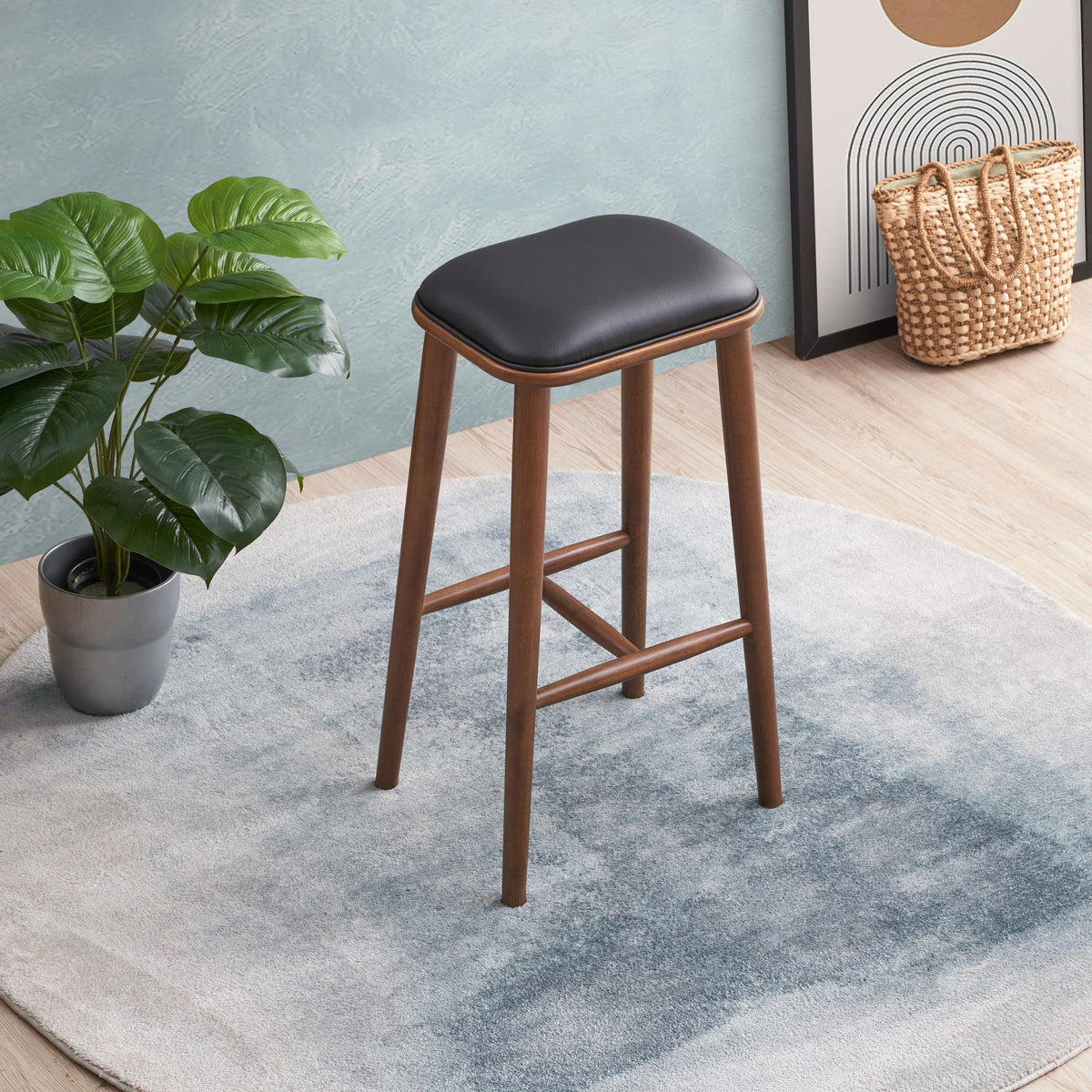 Stylish Design Bar Height Stool with Upholstered Seat - Black or Light Brown