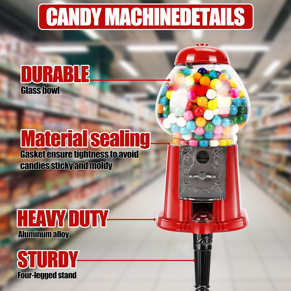 15 Inch Commercial Gumball Machine with Adjustable Dispensing - Red