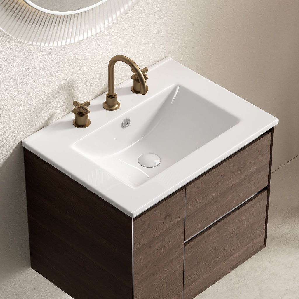 Vessel Sink with 3 Holes, Oval Design for Bathroom - Milk White