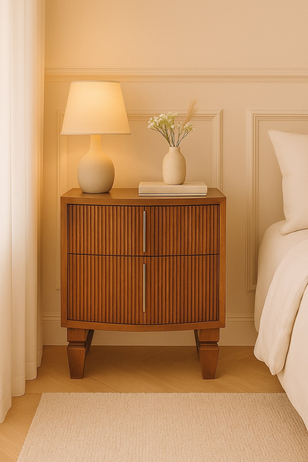 Solid Wood Louvre Bedside Unit with Fluted Drawer - Winewood Oak Finish