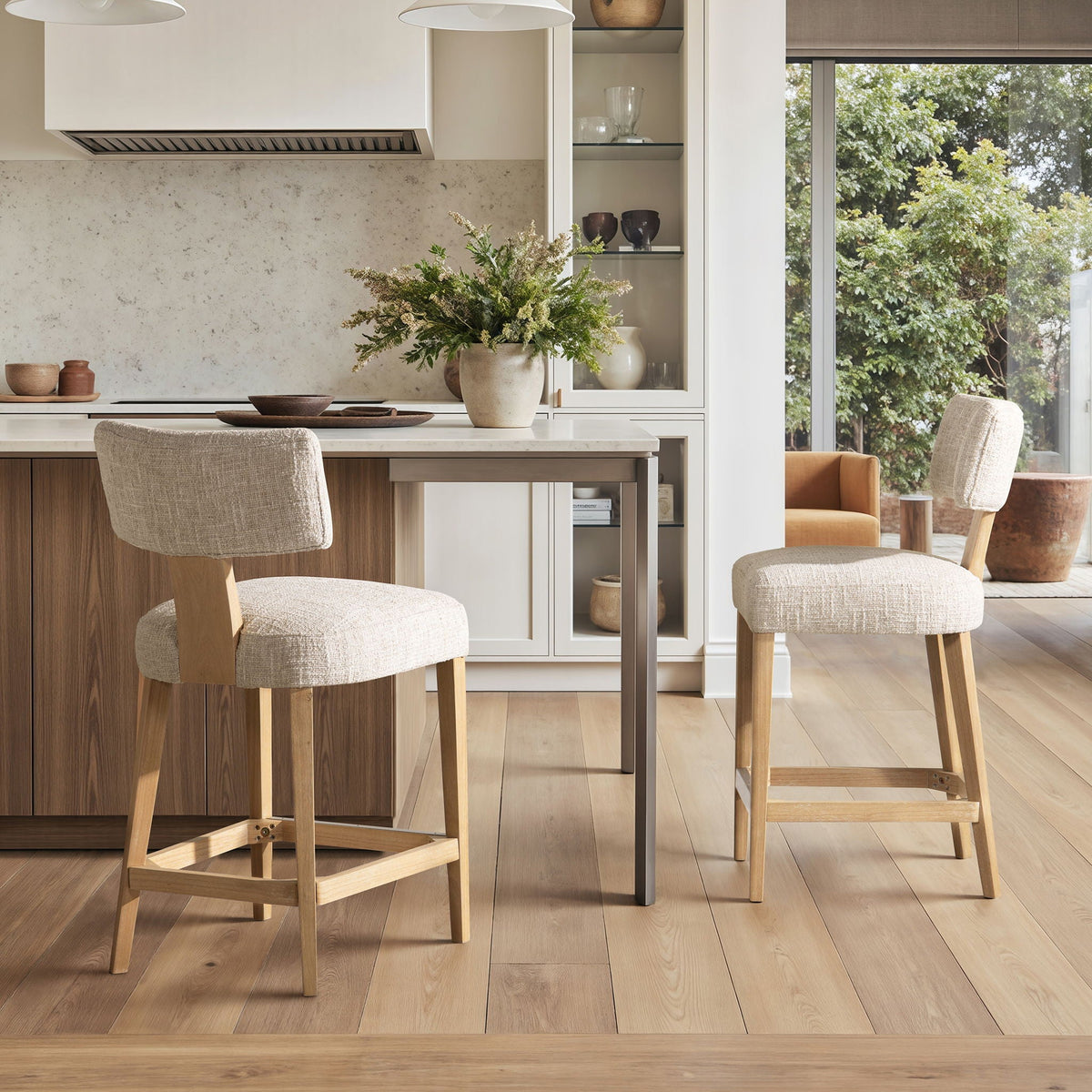 Round Arched Upholstered Counter Stool Set with Open Back - Travertine Beige