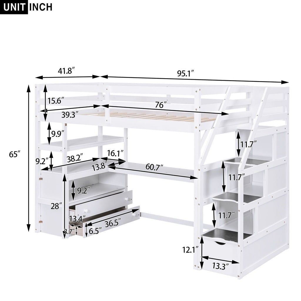 Loft Bed with Desk and Storage Staircase - Full or Twin, White or Gray