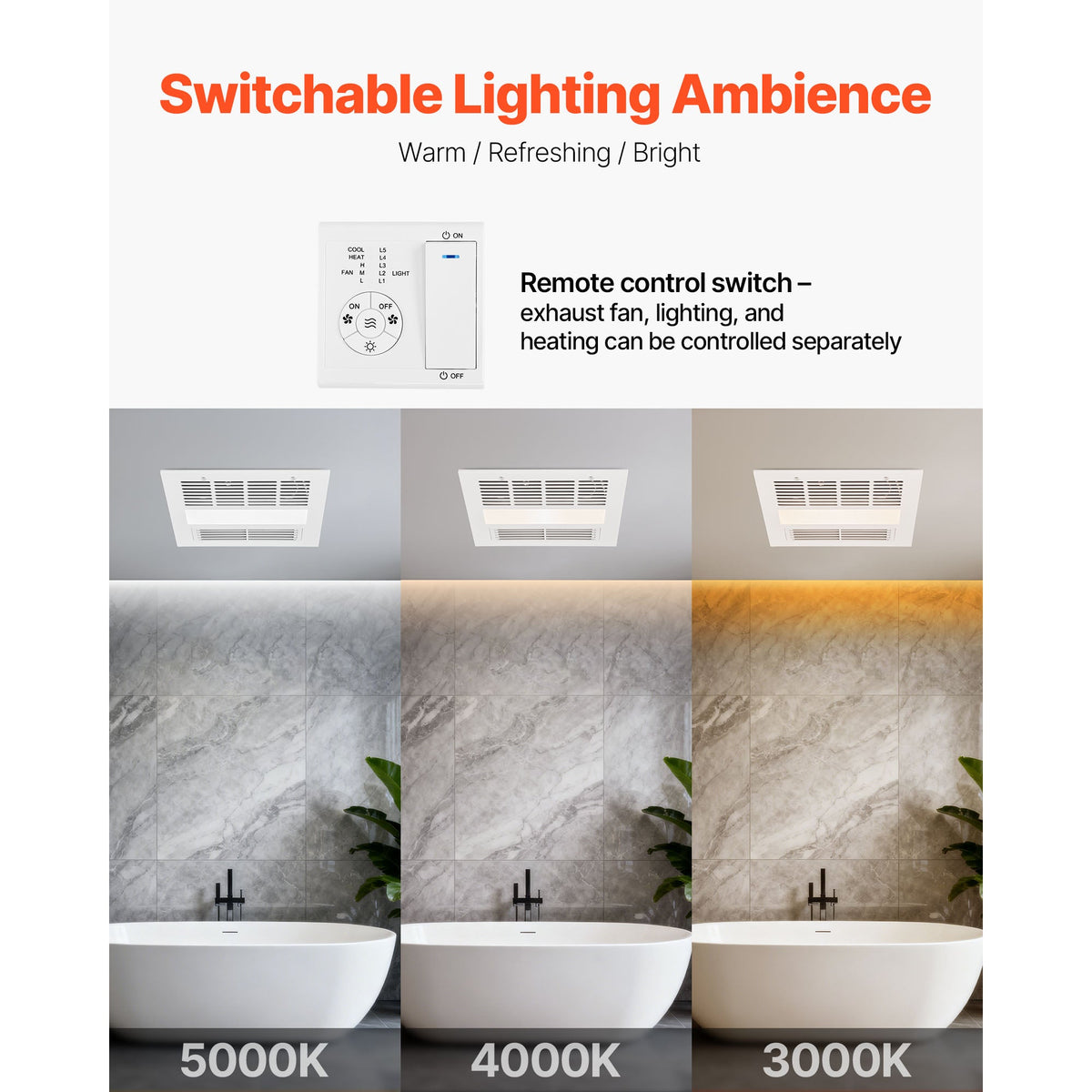 Bathroom Exhaust Fan with LED Light & Heater – Quiet DC Motor - White
