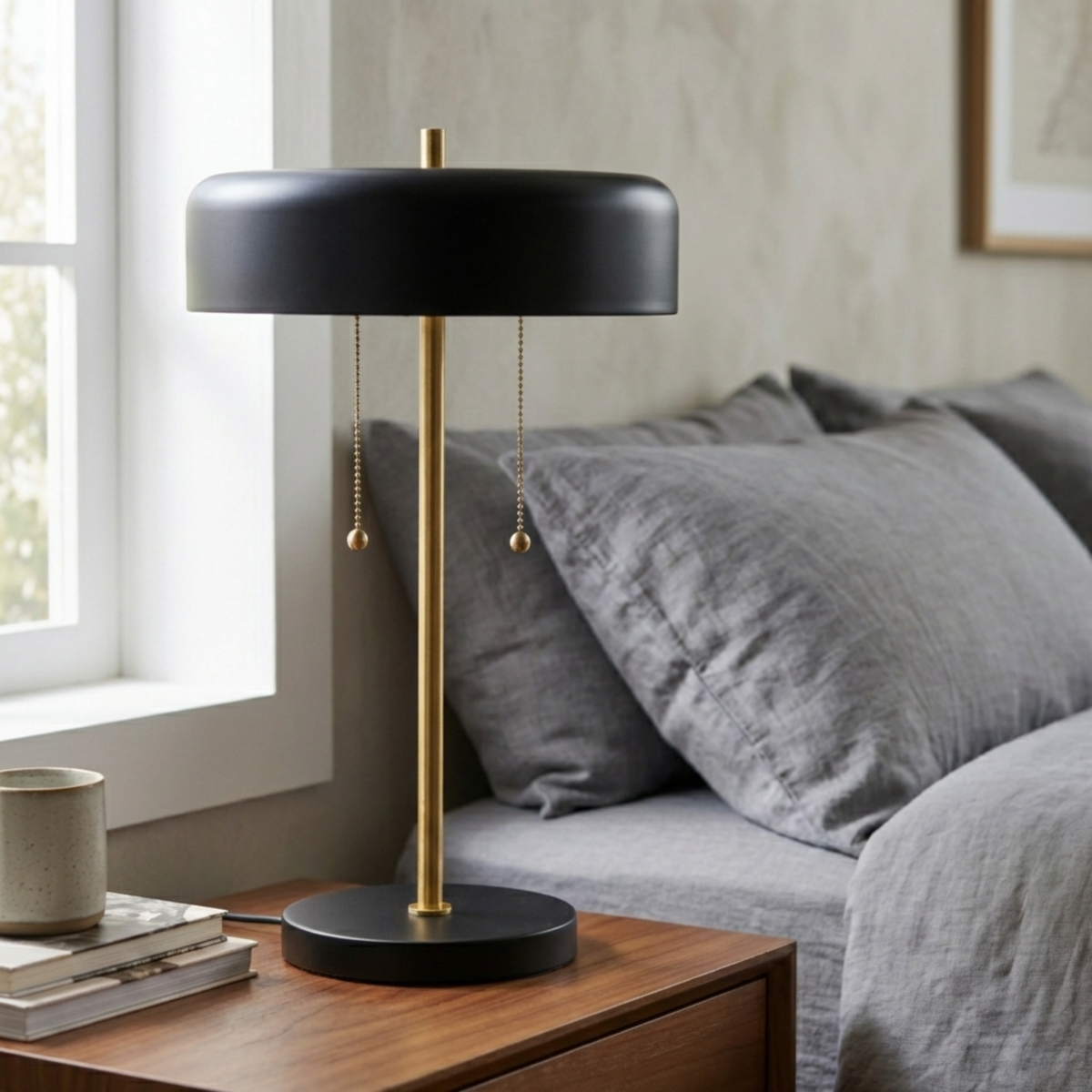 Nordic Creative Desk Bedside Table Lamp with Drum Shade - Black