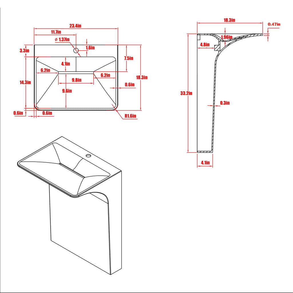 Modern Wall-Mounted Solid Surface Pedestal Sink with Hidden Linear Drain