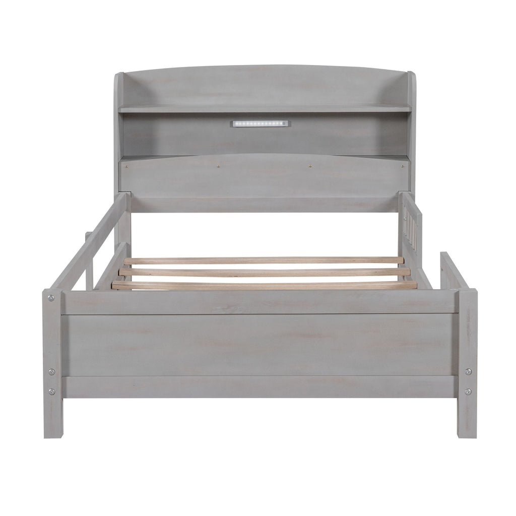 Wood Platform Storage Bed with LED Light & Storage Headboard - White or Dark Gray
