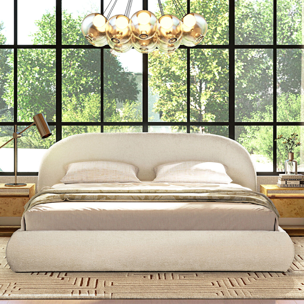 Archie Puffy Grounded Upholstered Platform Bed with Rounded Headboard - Green, White, Beige