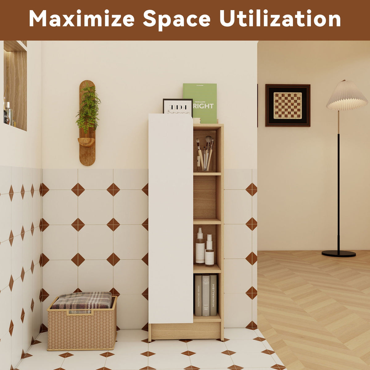 Tall Freestanding Bathroom Side Cabinet with Single Door & 4 Tier Open Shelves - Black / Light Oak / White