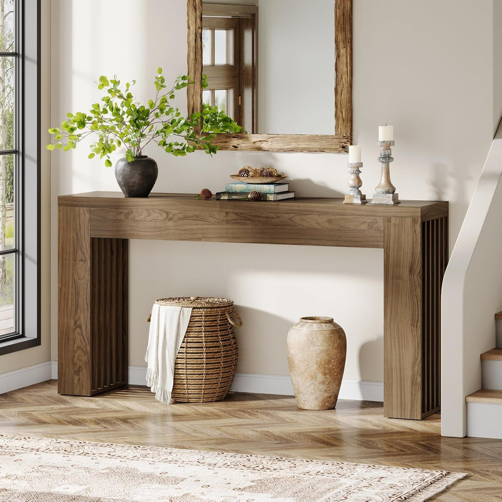 Rustic Brown Console Table with Vertical Slat Legs - Solid Wood & MDF