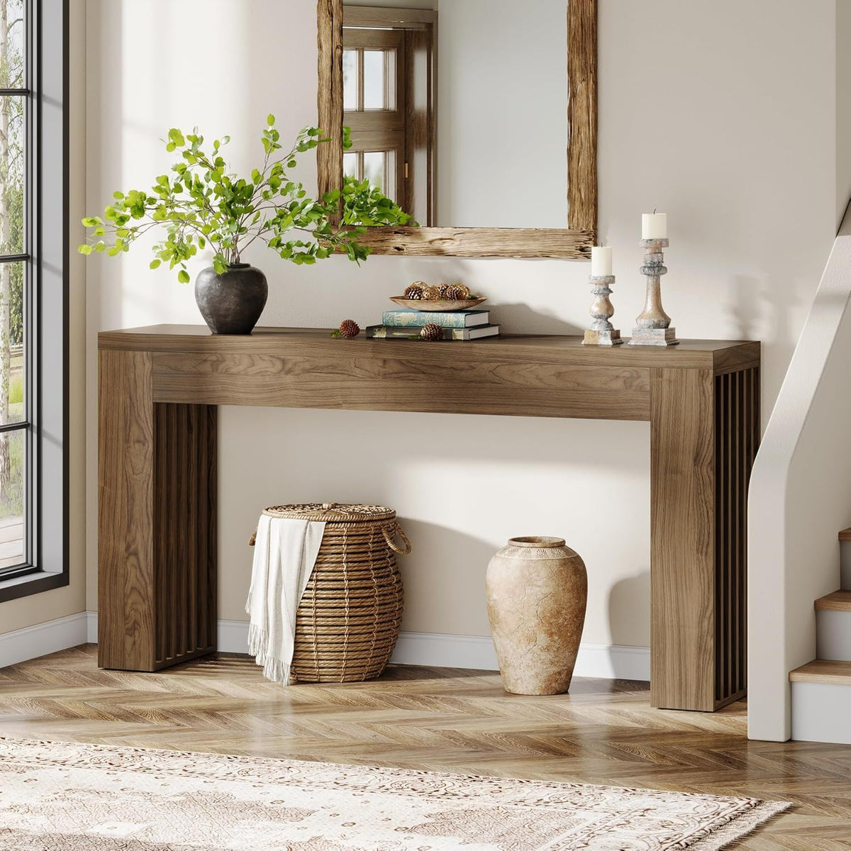Rustic Brown Console Table with Vertical Slat Legs - Solid Wood & MDF