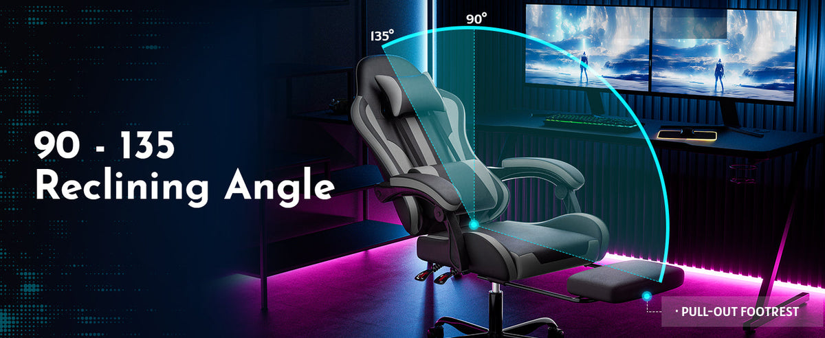 Ergonomic Gaming Chair with Footrest and Lumbar Support - Black/Grey