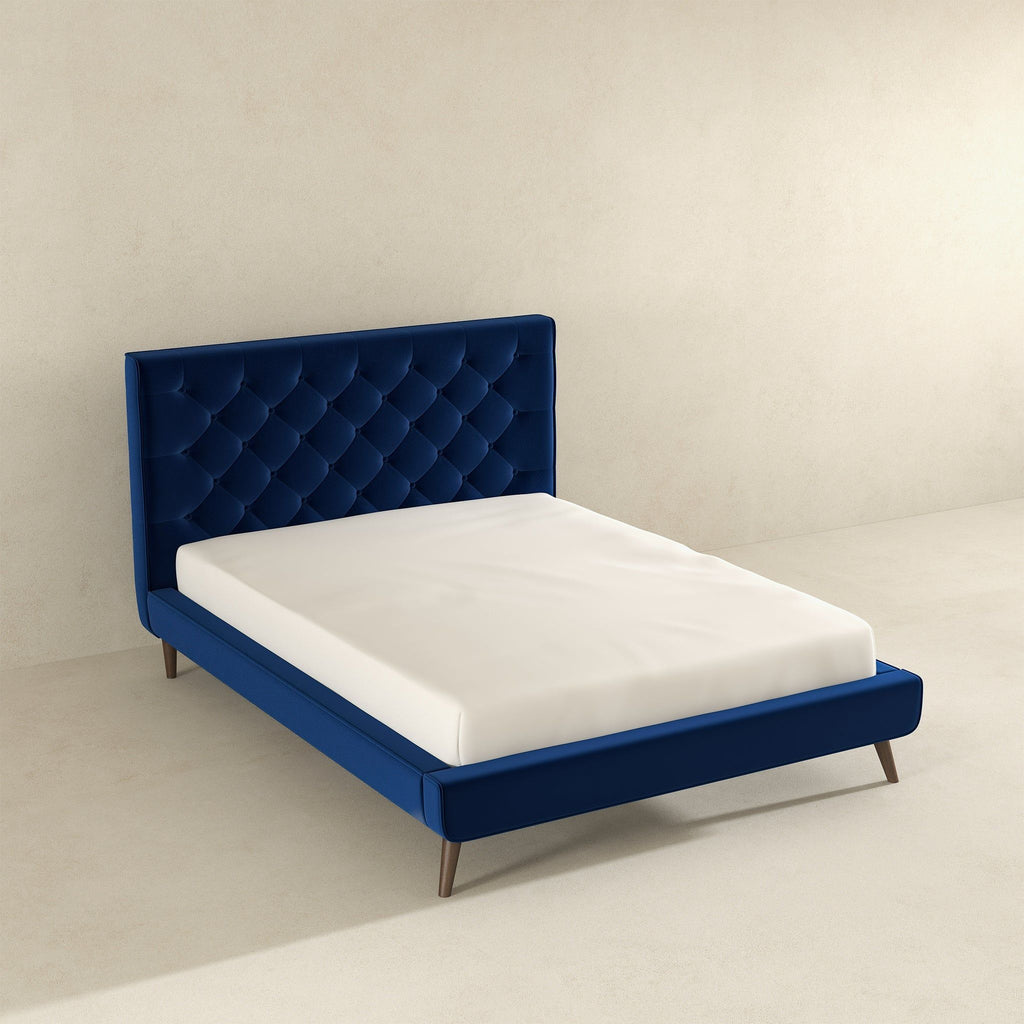 Mid-Century Platform Bed with Tufted Headboard - Blue