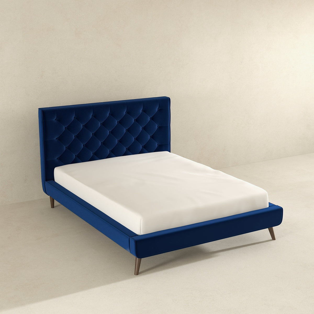 Mid-Century Platform Bed with Tufted Headboard - Blue