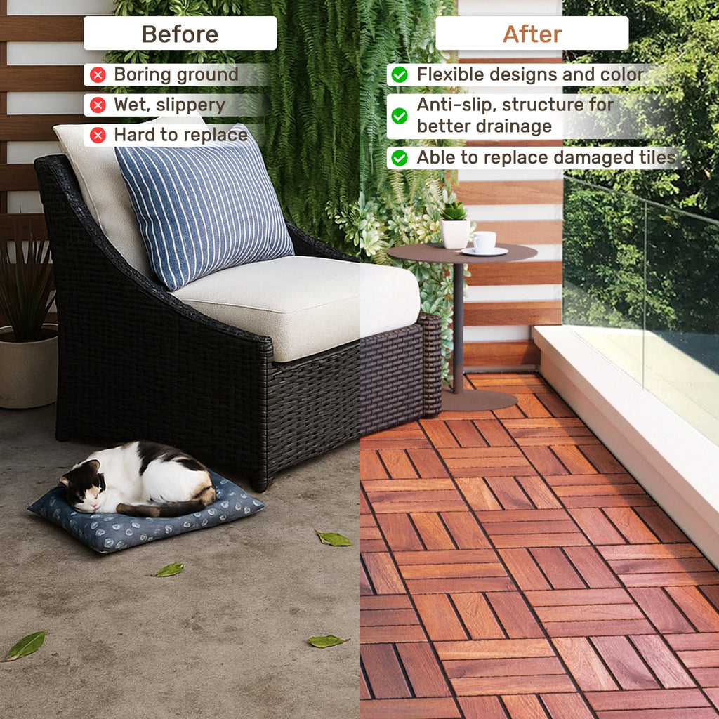 Acacia Wood Interlocking Deck Tiles with Checker Pattern - 20-Piece Set
