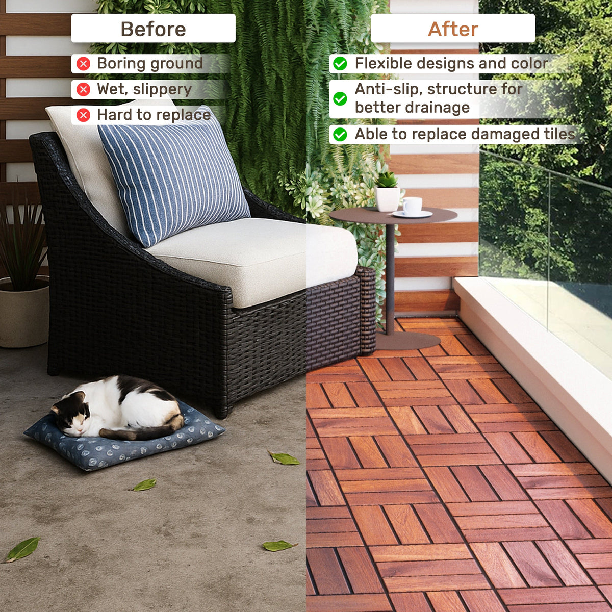 Acacia Wood Interlocking Deck Tiles with Checker Pattern - 20-Piece Set