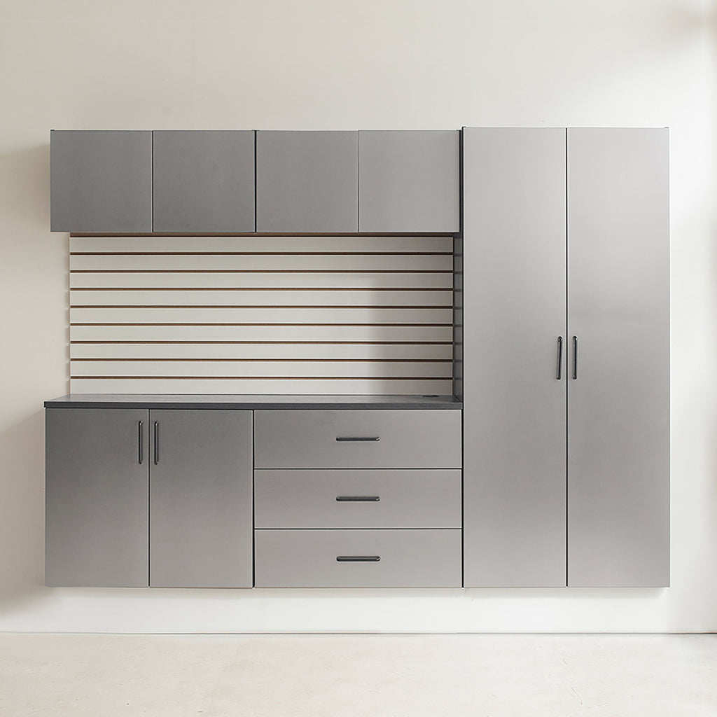 Metallic Gray Garage Cabinet Set with Soft Closing Drawers