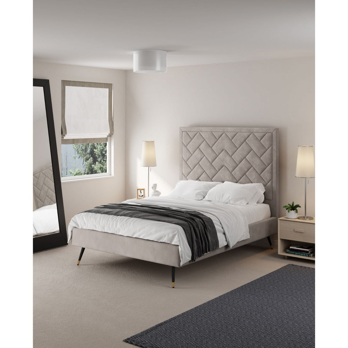 Upholstered Bed with Headboard and Slats - Multiple Colors