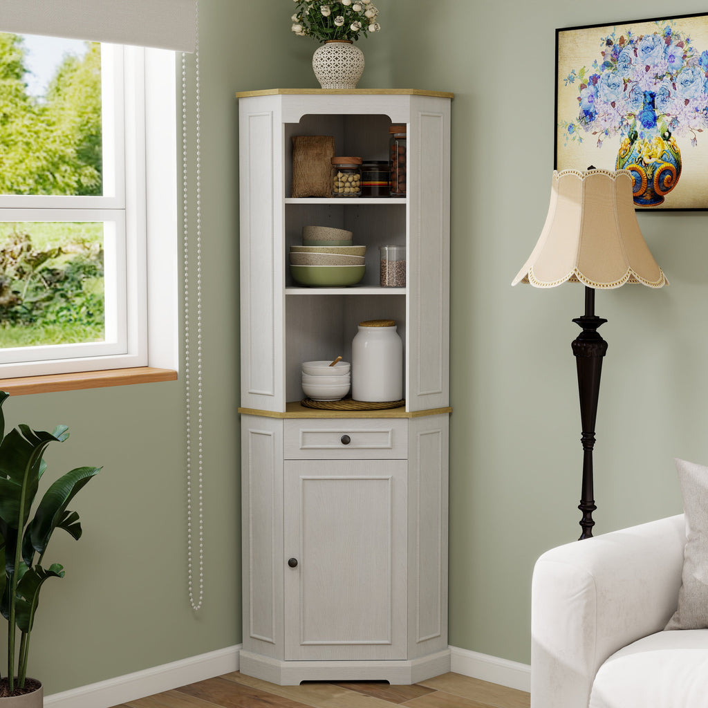 68" Tall Corner Cabinet with Door, Drawer & Adjustable Shelf - Ancient White