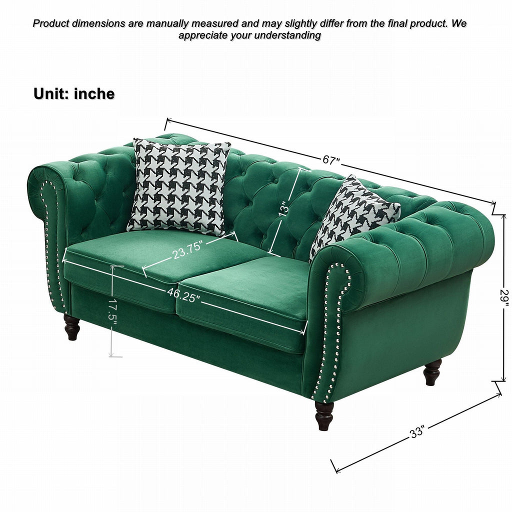 Chesterfield Fabric Loveseat with Nailhead Accents - Dark Green
