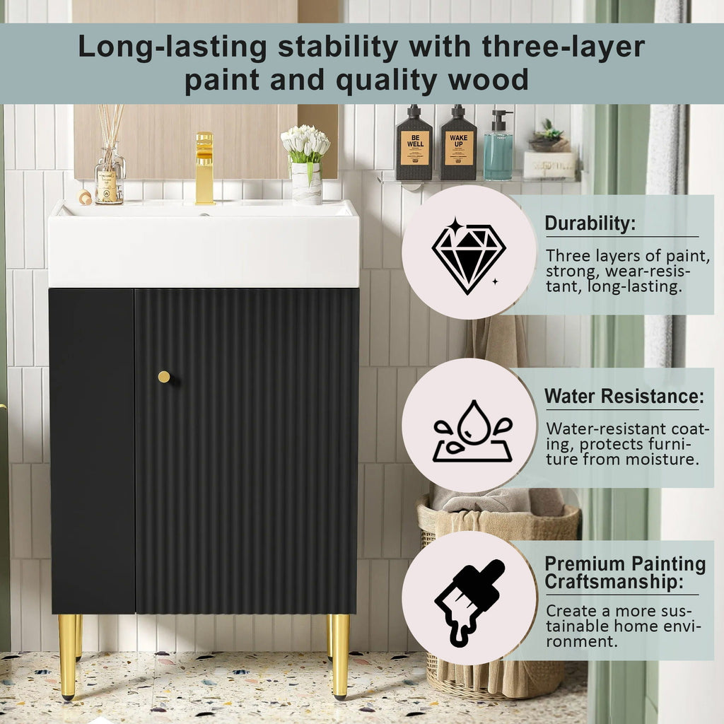 Bathroom Vanity with Single Ceramic Sink and Side Storage - Multiple Colors