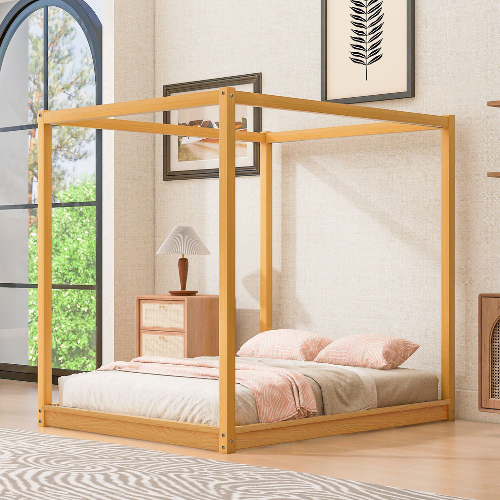 Wood Canopy Platform Bed with Airflow Slats and Support Legs - White or Light Brown