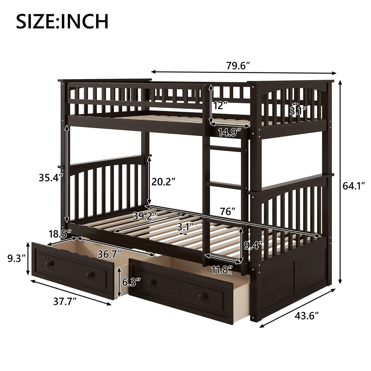 Convertible Bunk Bed With Drawers - Solid Wood with Storage - White, Dark Brown or Dark Gray