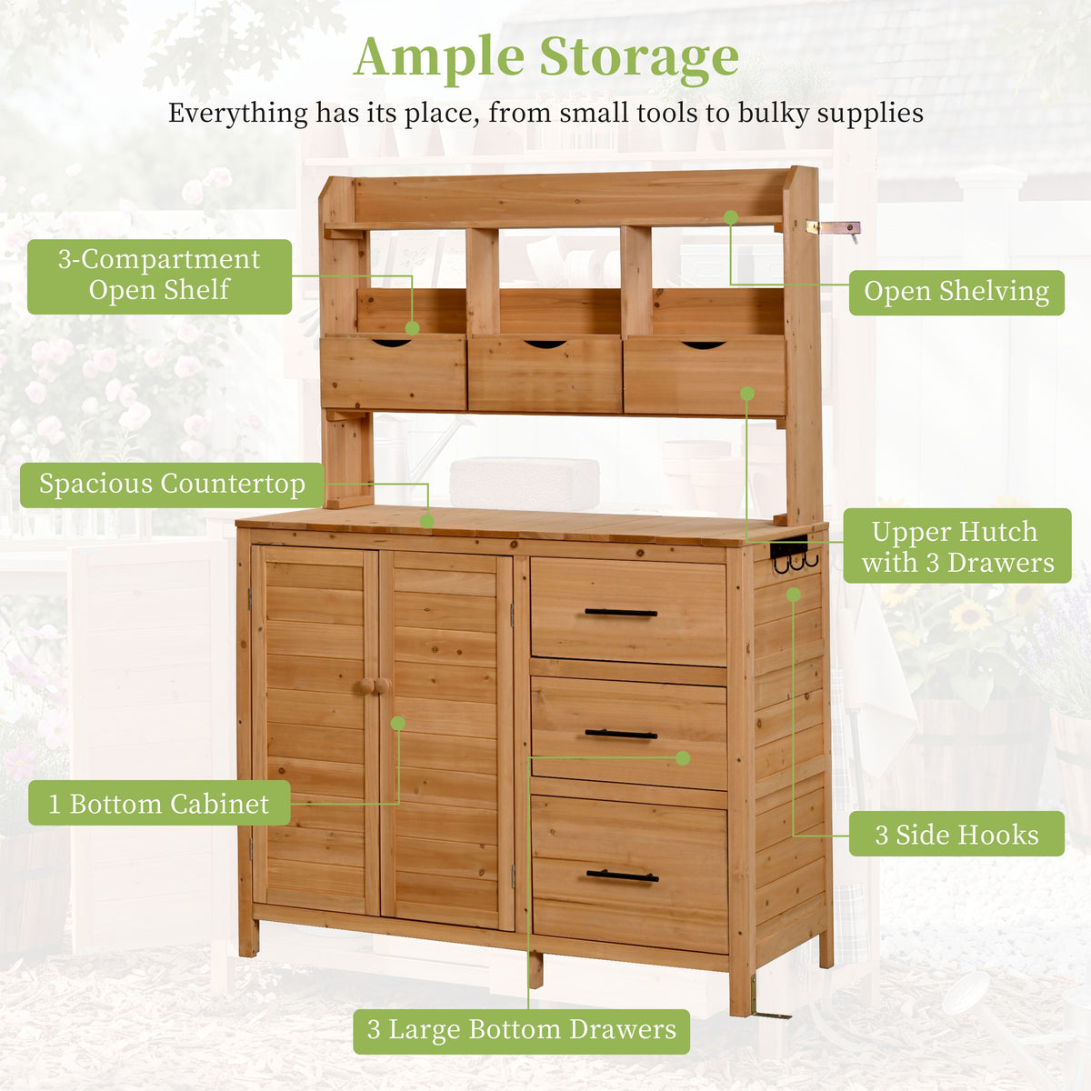 Farmhouse Patio Potting Bench with Storage and Workstation - Natural Wood