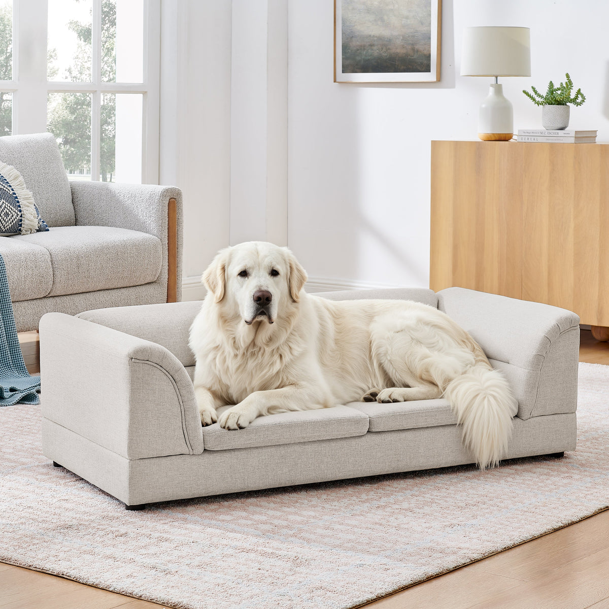 Oversized Pet Sofa with Curved Armrest - Olive Green, Beige, Light Grey, Dark Gray