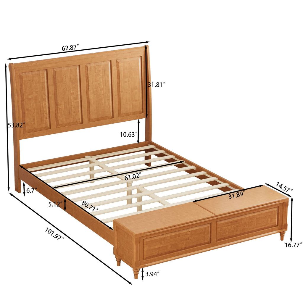Sleigh Bed Frame with Tall Headboard and Storage Bench - Dark or Light Brown