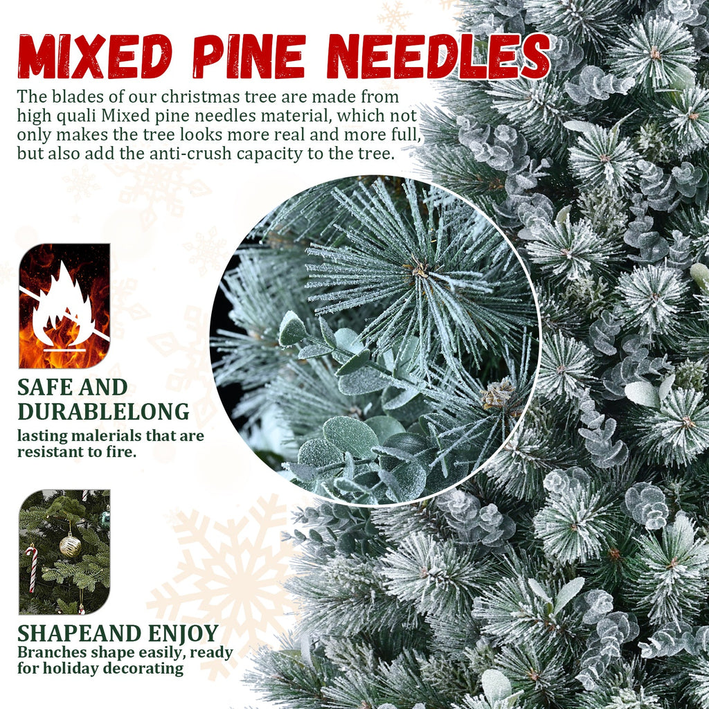 4FT Flocked Christmas Tree with Pine Needles & Eucalyptus Leaves - Frosted PVC