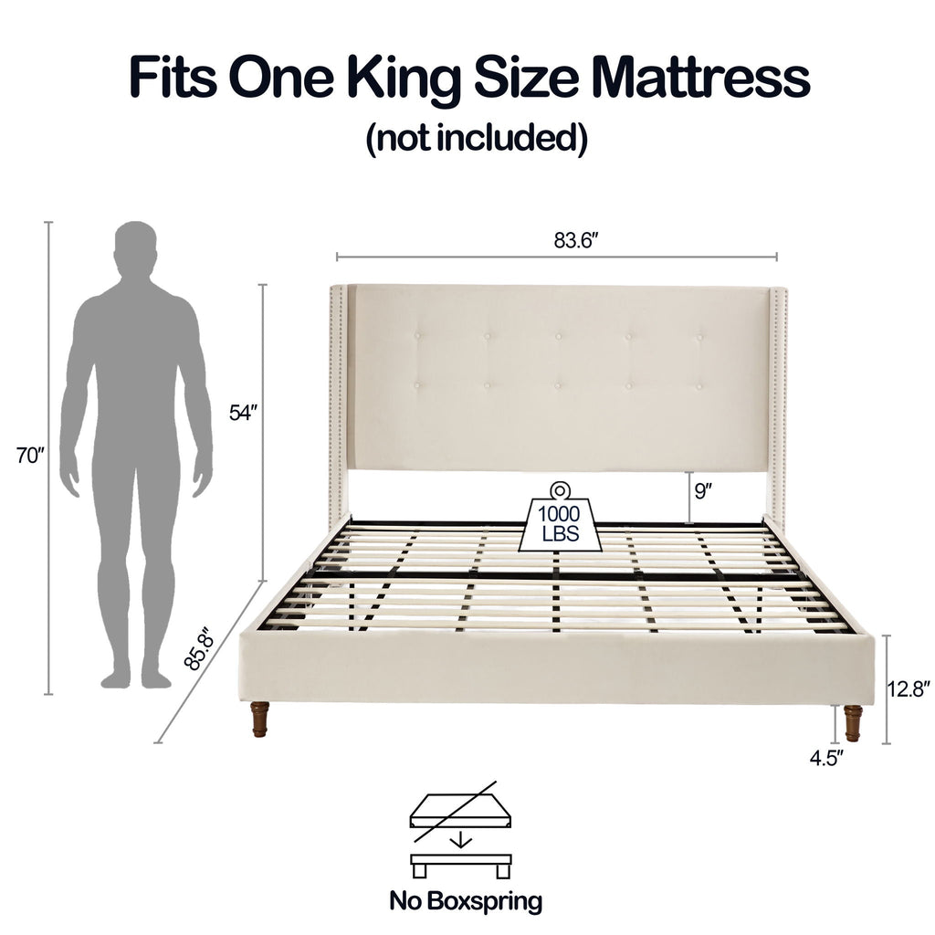Upholstered Bed with 54" High Headboard and Hand Buttoned Tufting - White or Blue