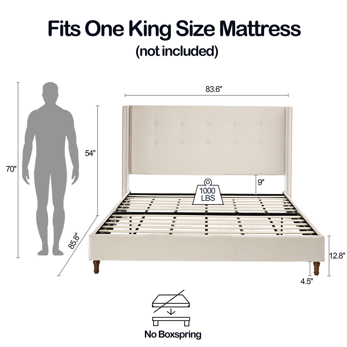Upholstered Bed with 54" High Headboard and Hand Buttoned Tufting - White or Blue