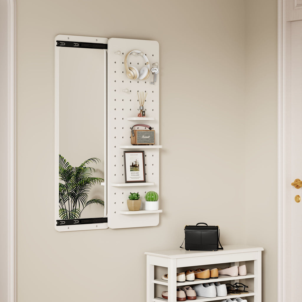 Full Length Wall Mounted Mirror with Shelf and Hook - Dark Brown, White, or Light Brown
