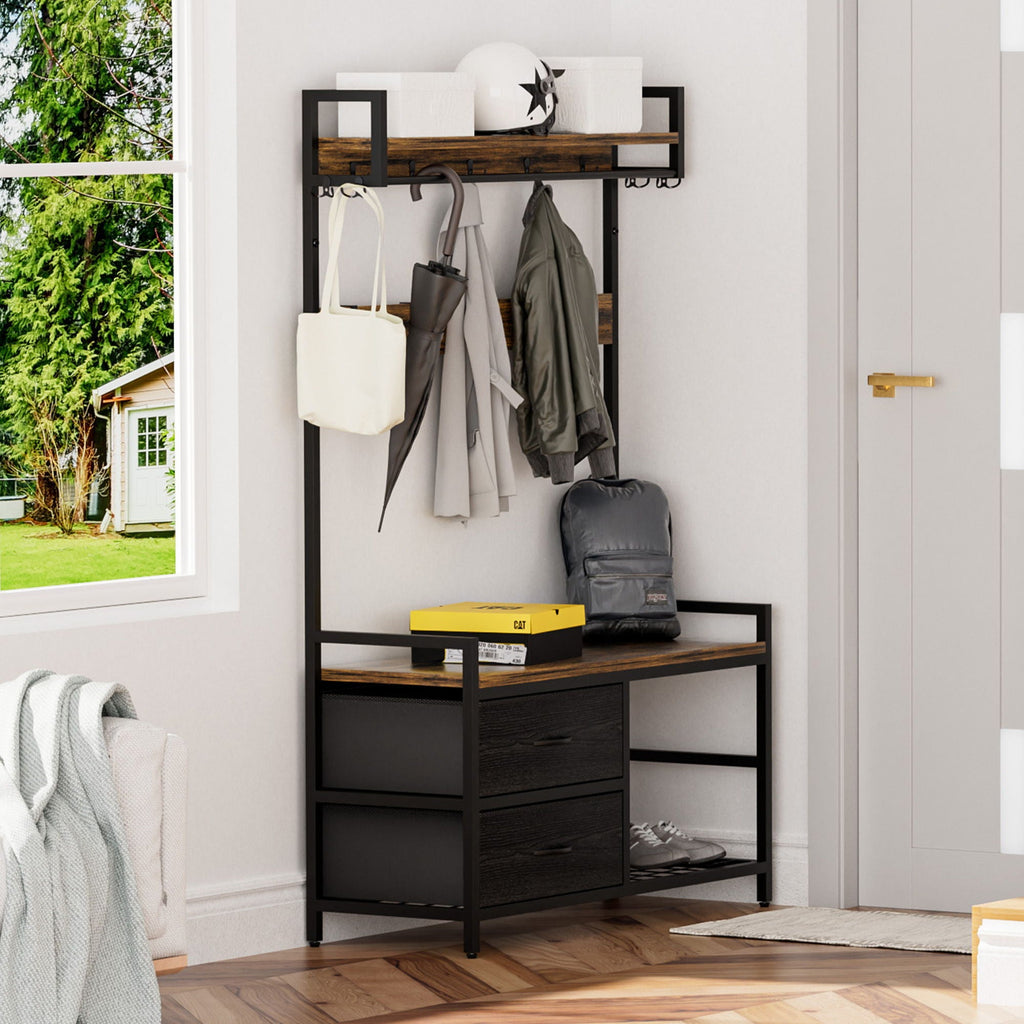 Rustic Brown Hall Tree With 2 Movable Drawers