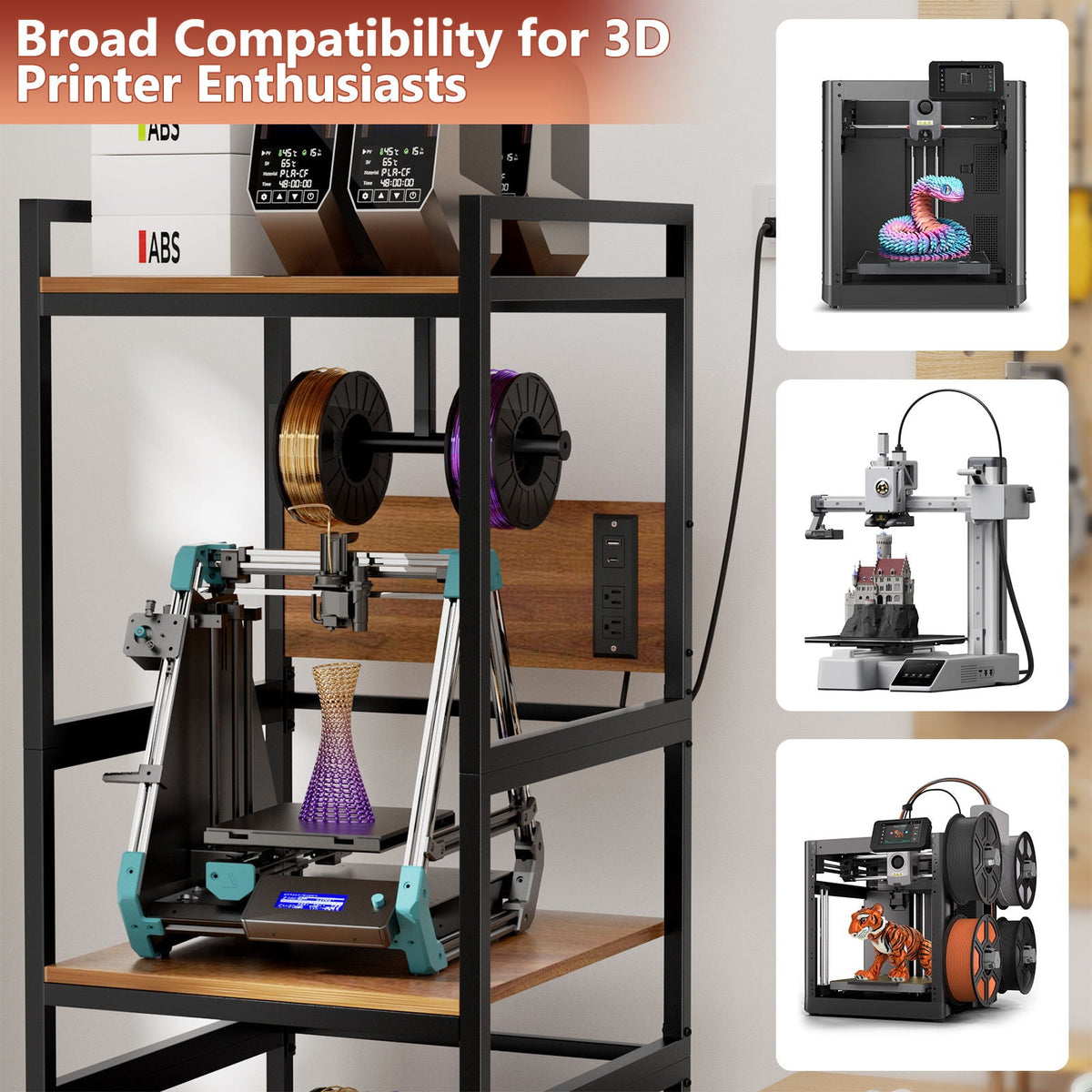 3D Printer Stand with Filament Storage and Power Panel - Black