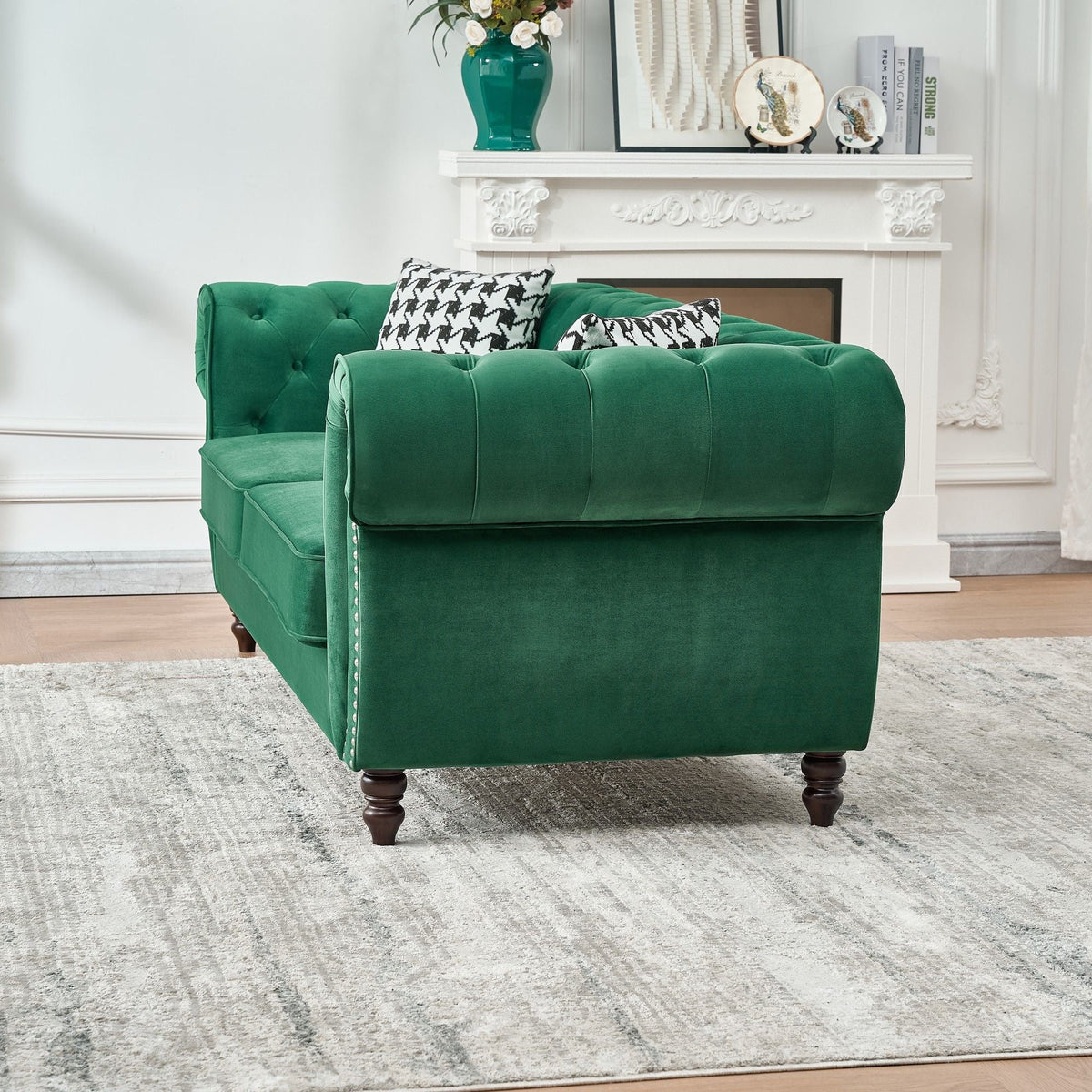 Chesterfield Fabric Loveseat with Nailhead Accents - Dark Green
