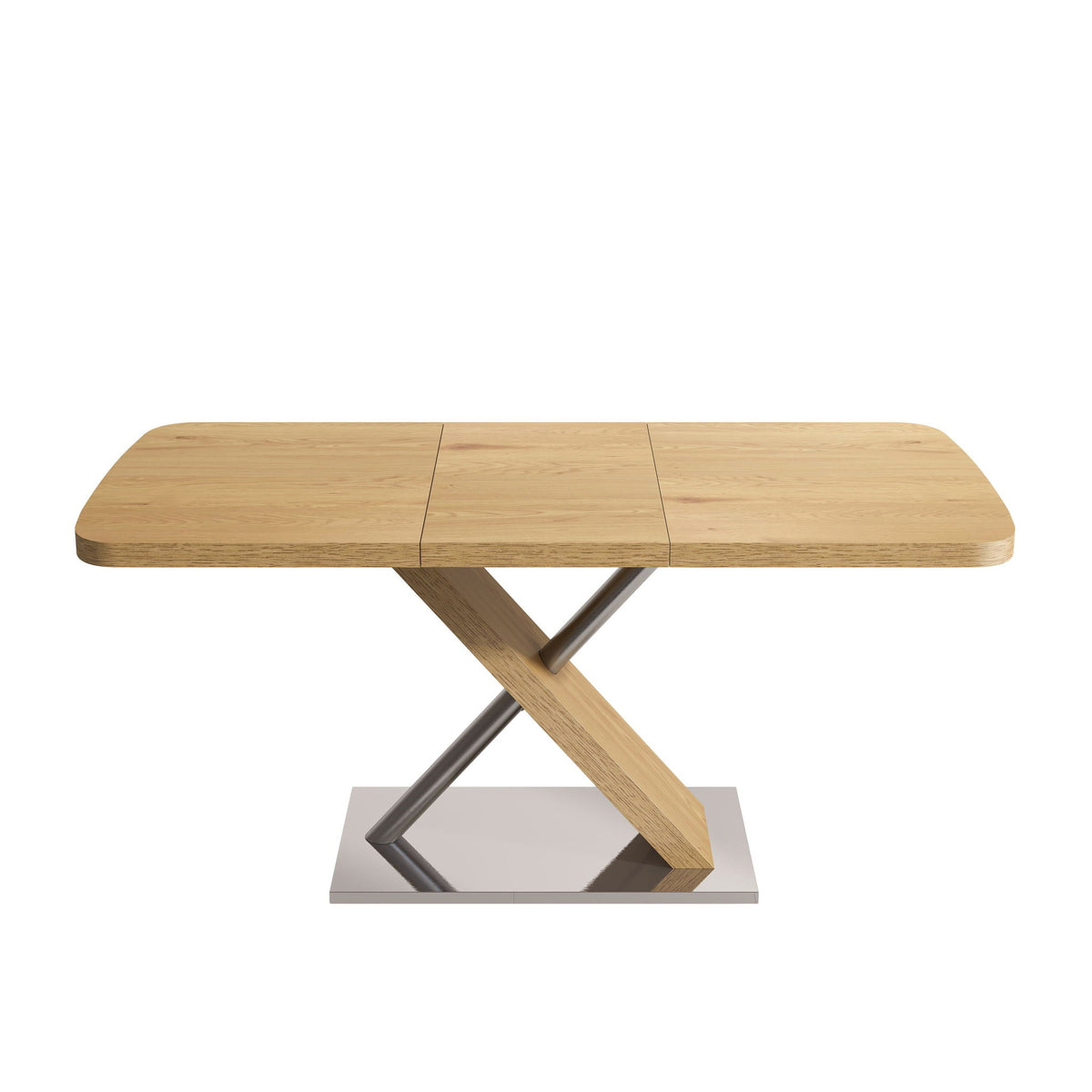 Retractable Square Dining Table with Stainless Steel Cross Base - Natural
