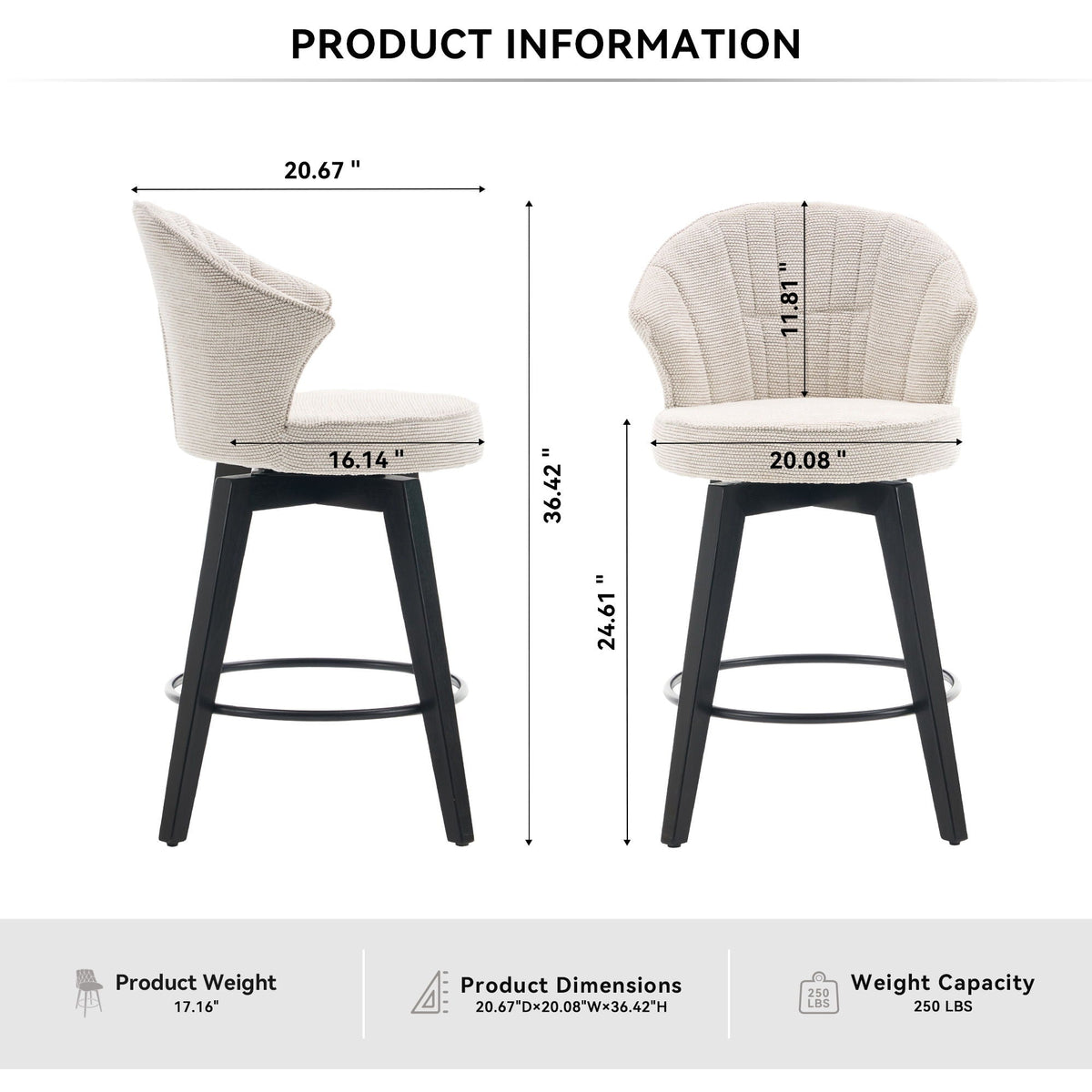 Wing Back Swivel Bar Stools with Adjustable Leveling Feet - Dark Gray or White