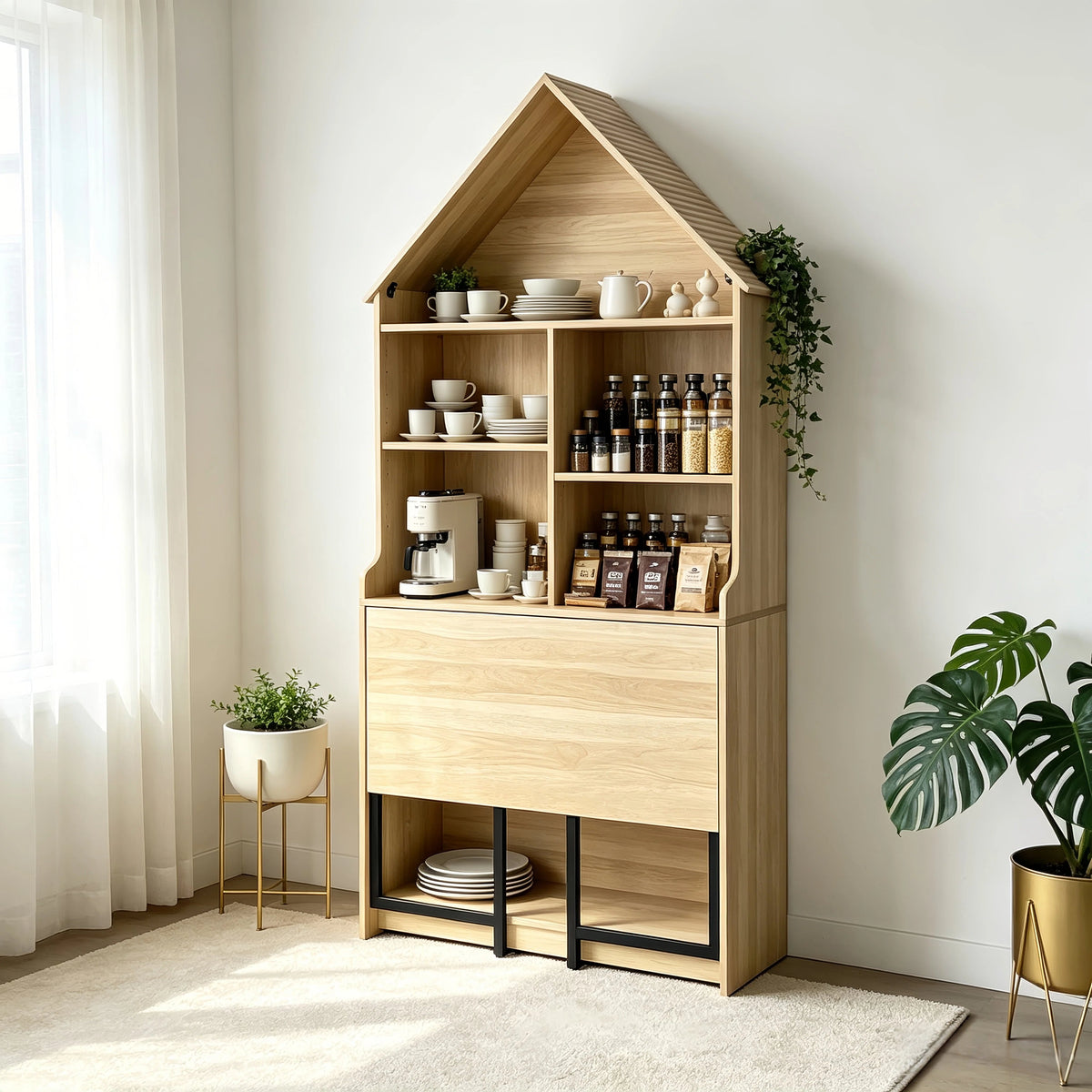 Folding Craft Desk with Storage Shelves - Natural Wood