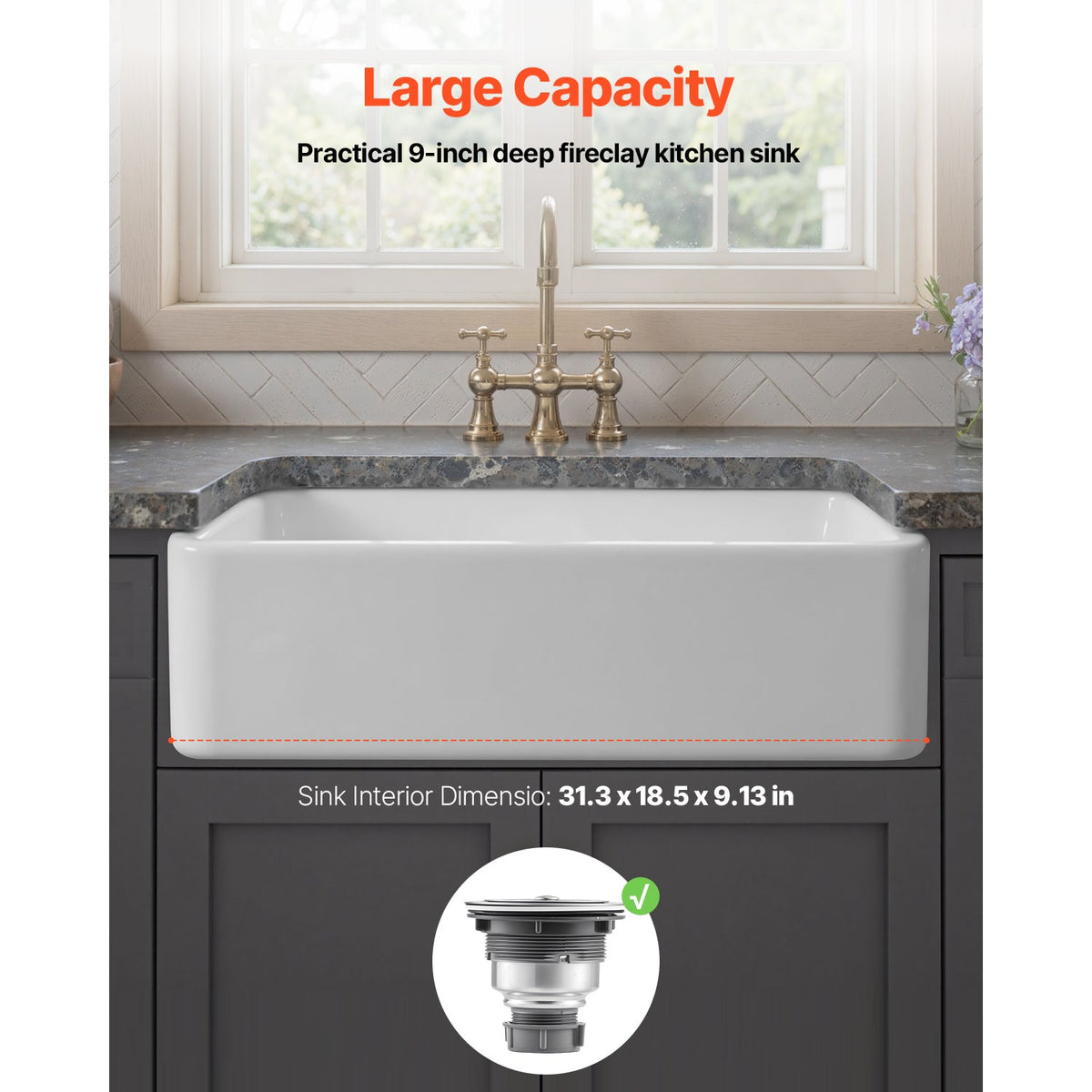 Farmhouse Sink Undermount Kitchen Single Bowl with Extra-Large Basin - White