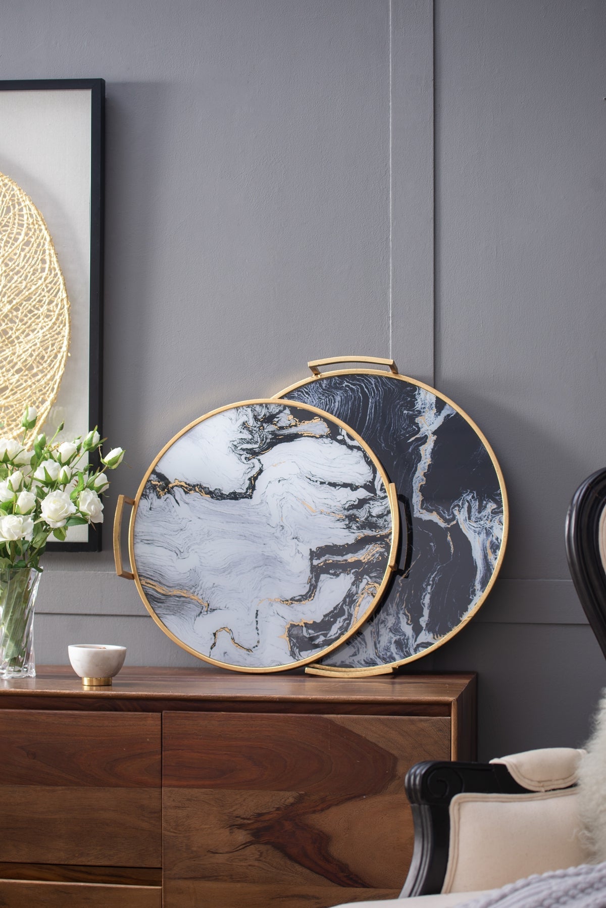 Round Decorative Tray Set with Abstract Marbled Design and Gold Handles - Black & White