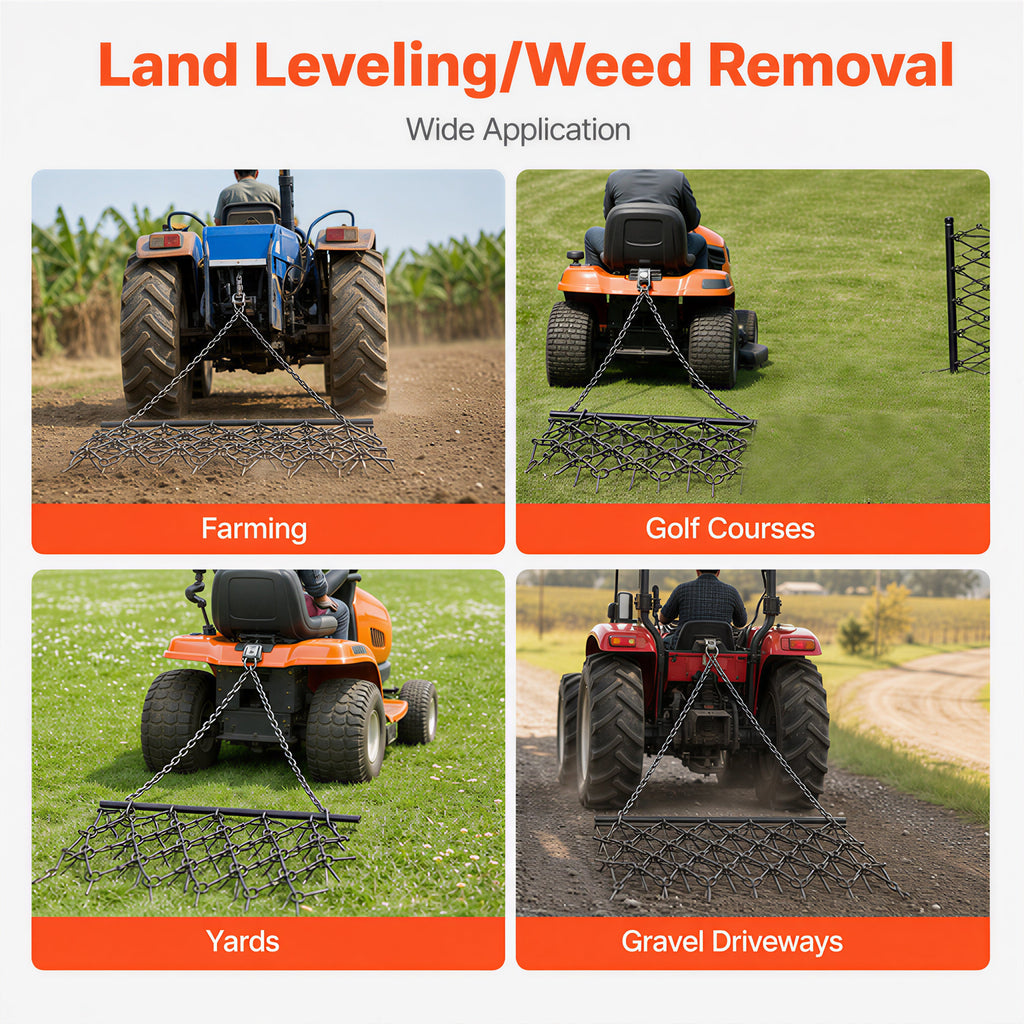 4FT Heavy-Duty Steel Drag Harrow with Rust-Resistant Finish - Black