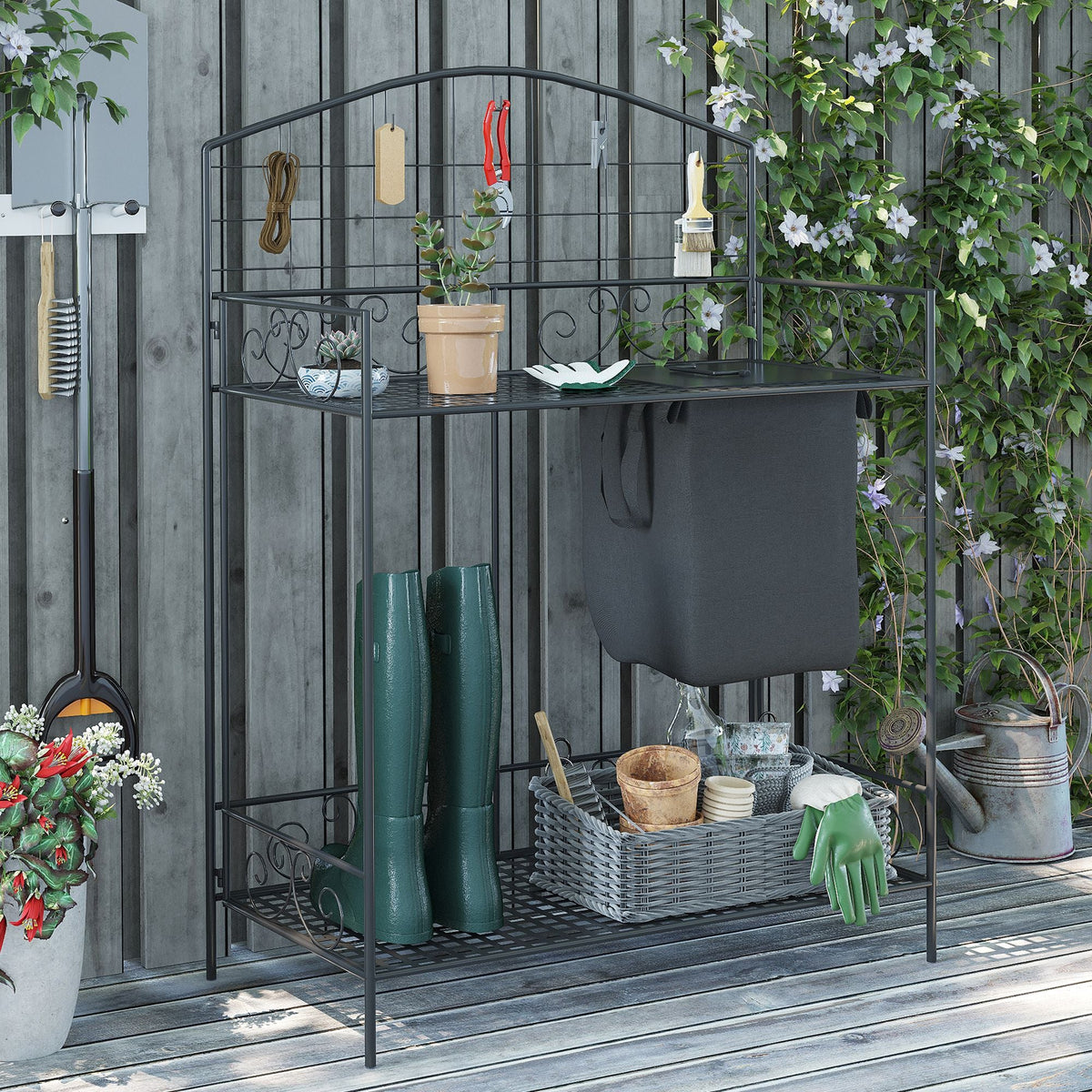 Folding Potting Bench Table with Storage - Metal
