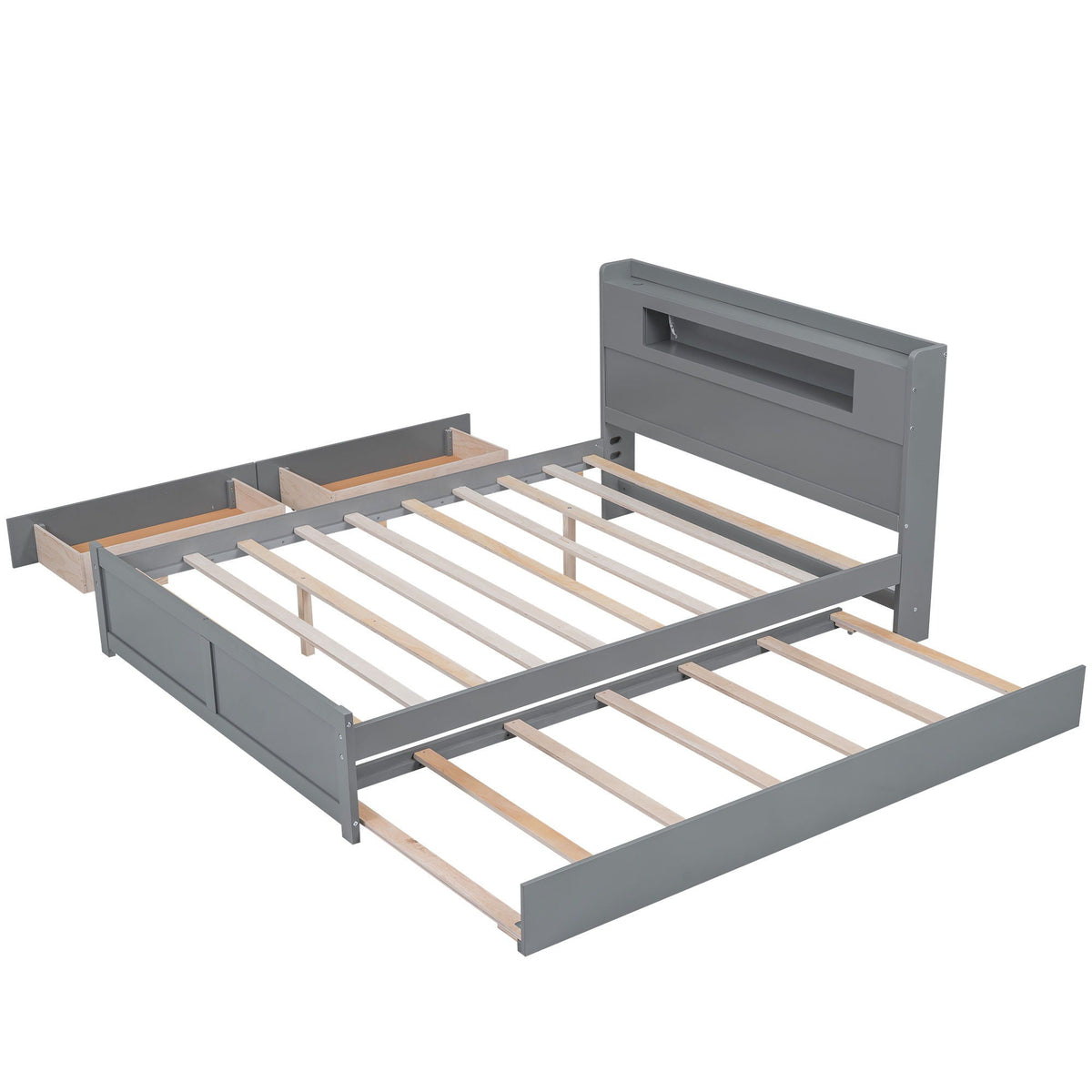 Storage Platform Bed with LED Lights, 2 Drawers and Trundle - Queen