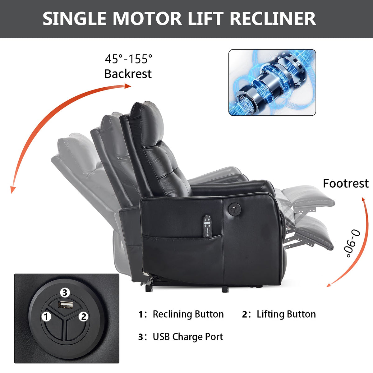 Black PU Power Lift Recliner Chair