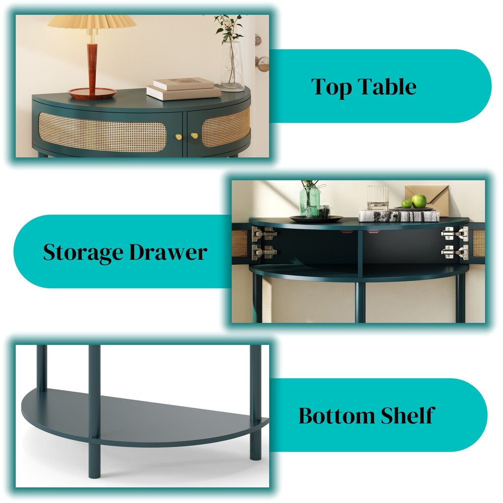 Boho Rattan Semi Circle End Table with Sliding Door and Storage - Black or Dark Green