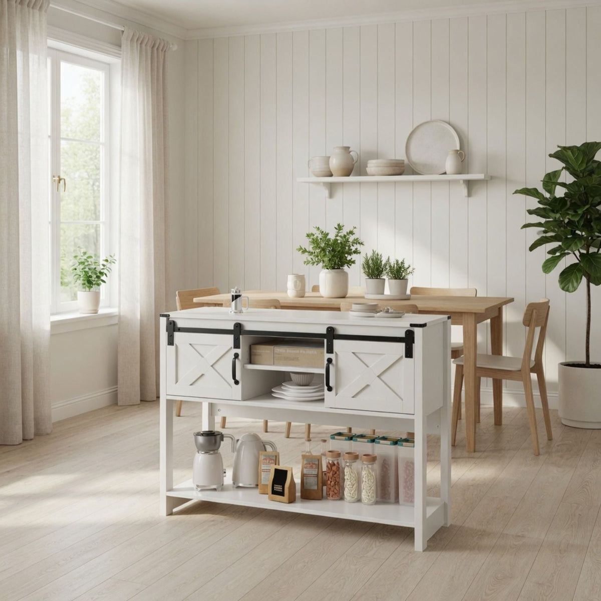 Farmhouse Entryway Table with Sliding Barn Door - Gray, Dark Gray, White, Black